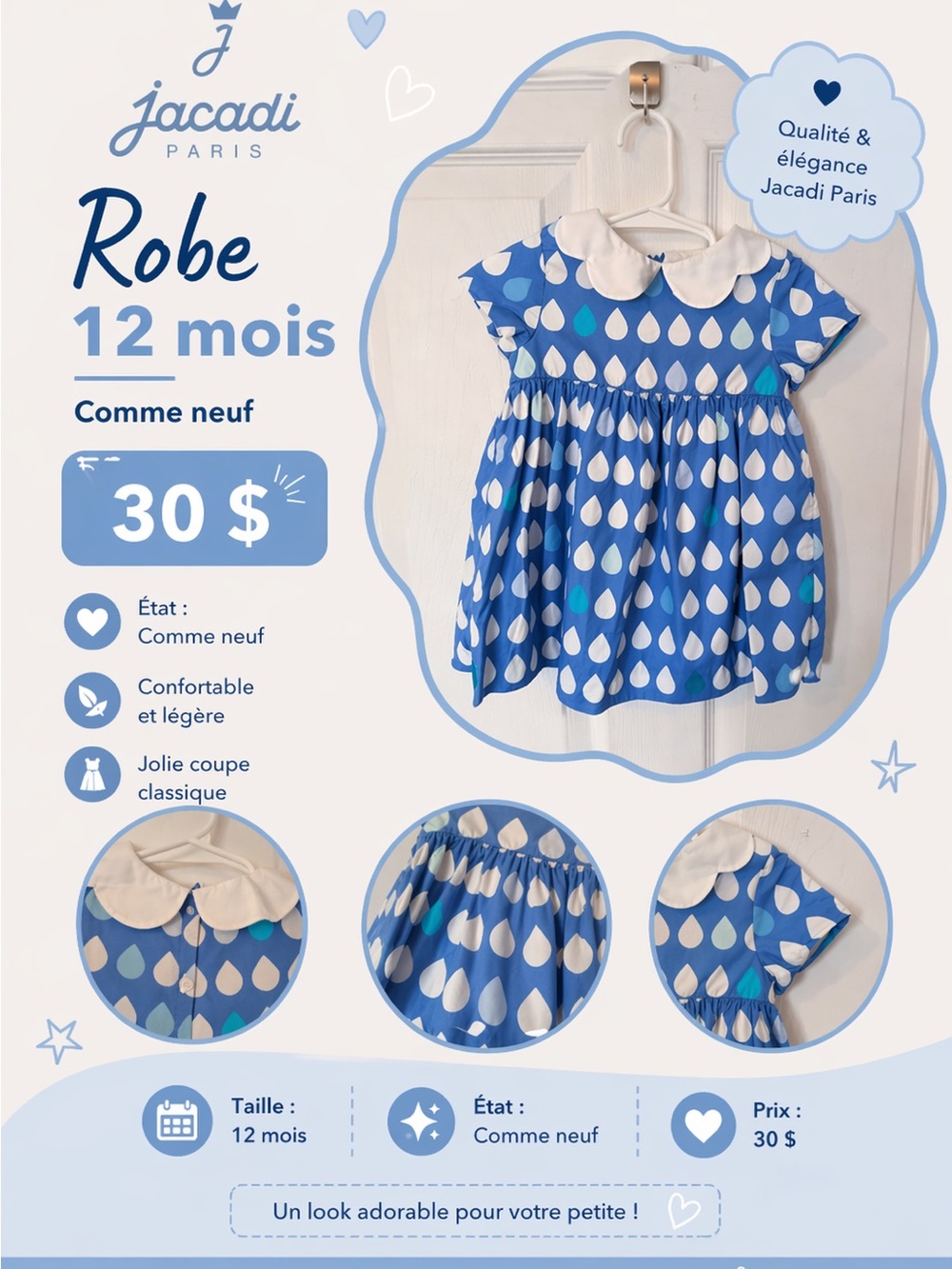 Jacadi Blue and White Raindrop Print Dress